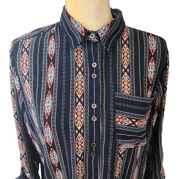 Entro Women's Pull Over Shift Aztec Boho 1/4 Button Down PocketDress - Picture 2 of 9